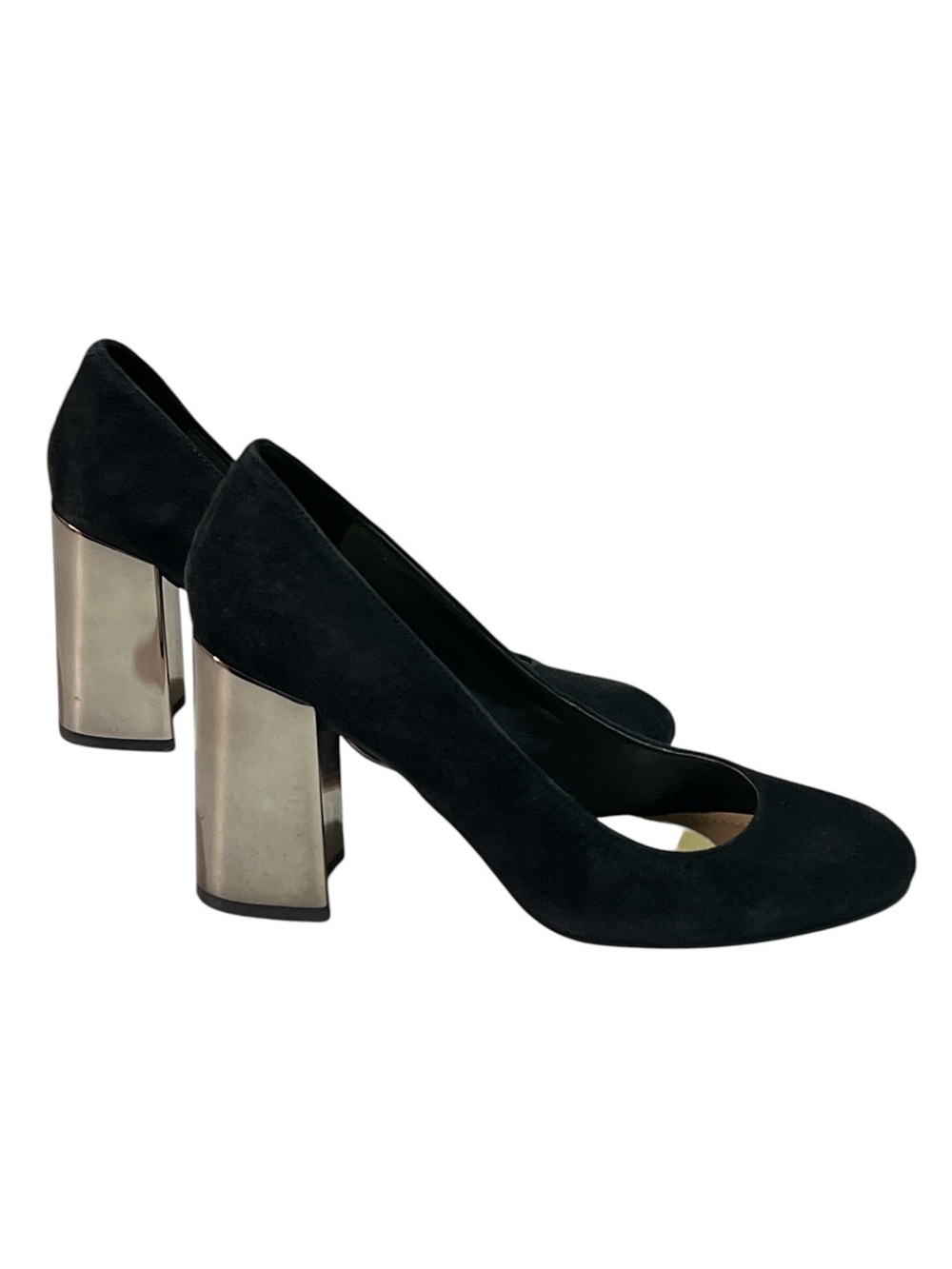 Marc Fisher Black Suede Pumps Silver Metallic Block Heel 7M